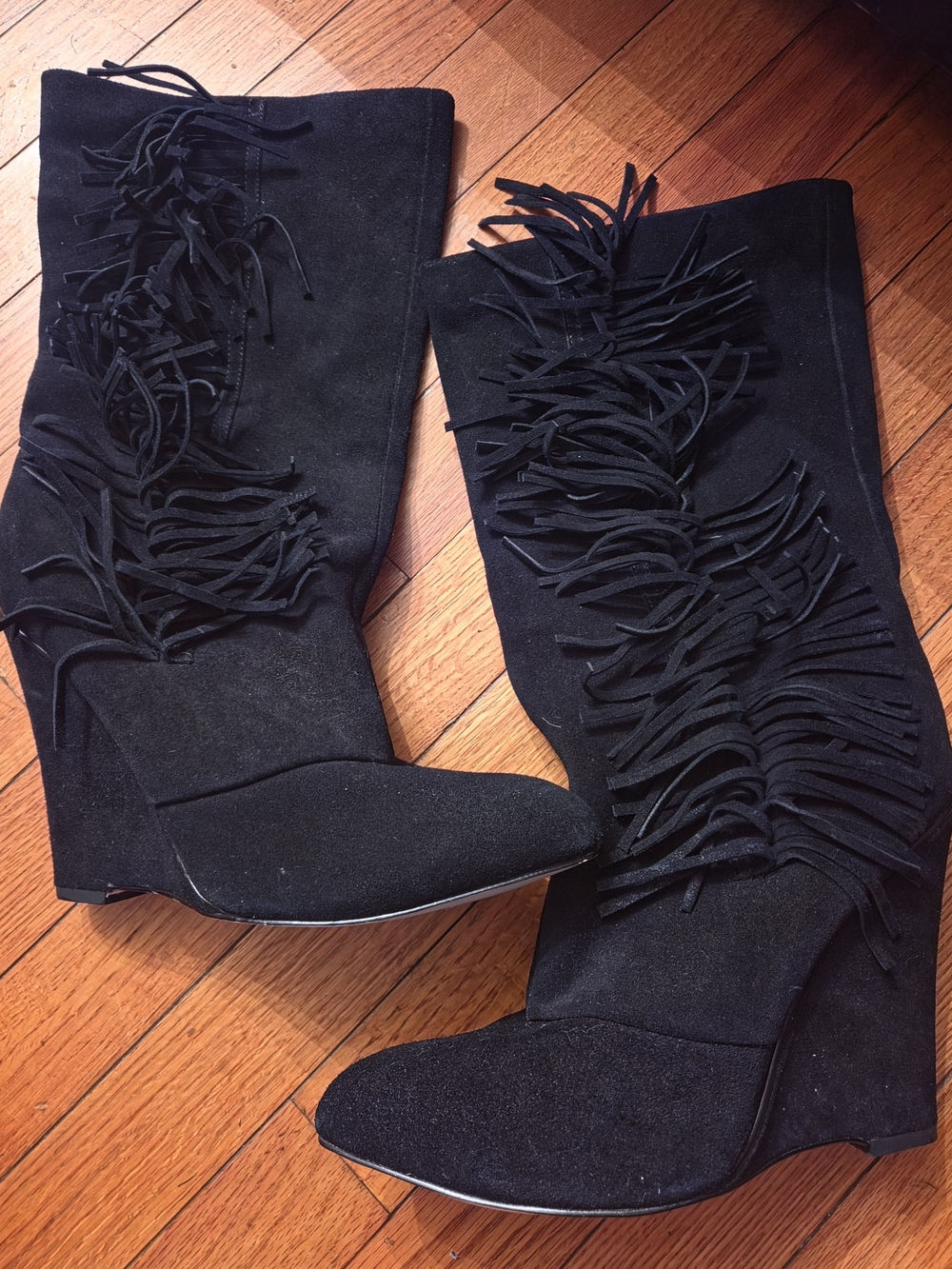 MIA Size 10 Black Faux Suede Fringe Shaft Wedge Boots Mid Calf